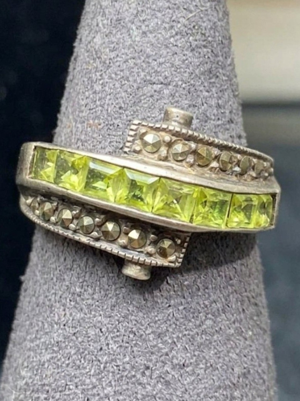 Vintage Sterling Silver Marcasite Green Gemstone Ring Art Deco Sz 8